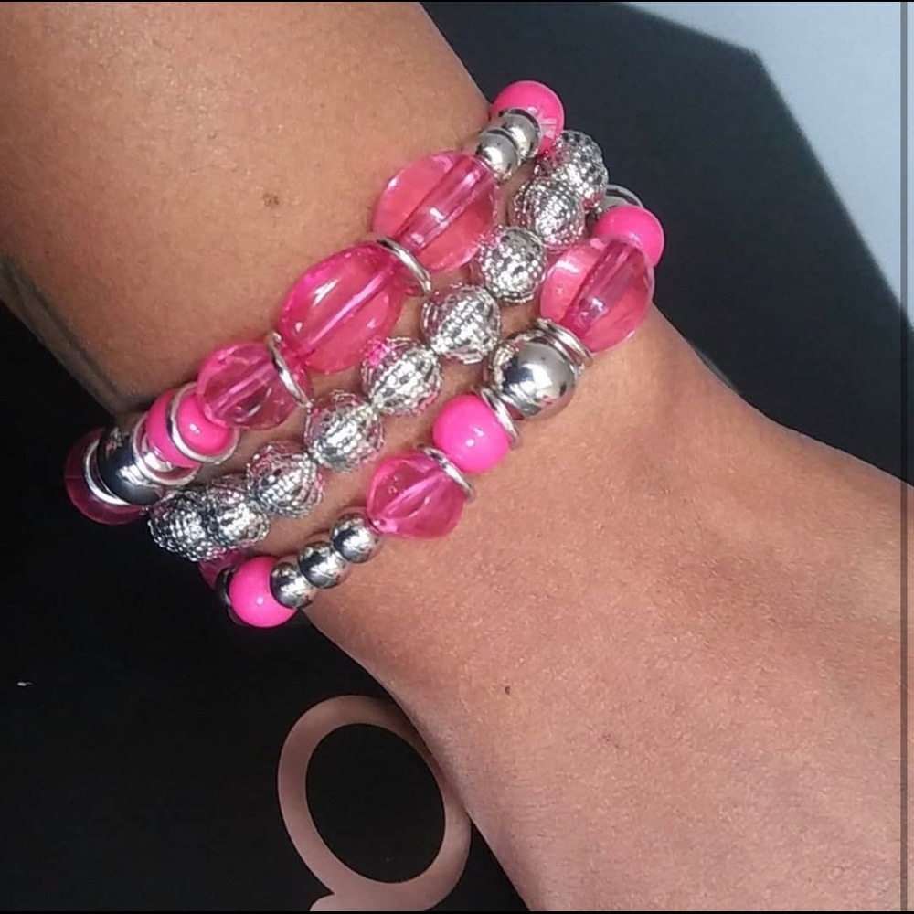 Silver & Pink Beaded Bracelet